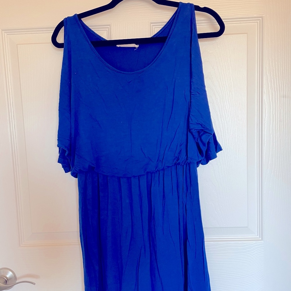 Blue Stretch Shoulder Coutout Sun Dress